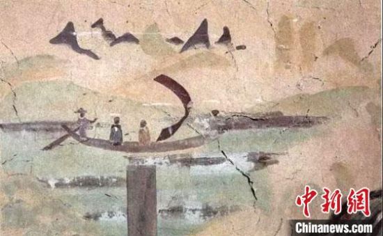 “一人搖櫓晃扁舟，兩人撐篙水上漂?！眻D為莫高窟第323窟《搖櫓帆船》（初唐）?！《鼗脱芯吭汗﹫D