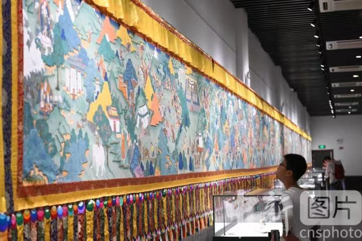 圖為一名小朋友觀看唐卡《涼州會(huì)盟》。 中新社記者 戴文昌 攝