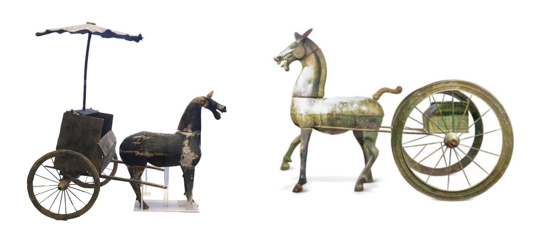 △左為漢代木軺車，藏于青海省博物館；右為東漢銅車馬，藏于黔西南州博物館。